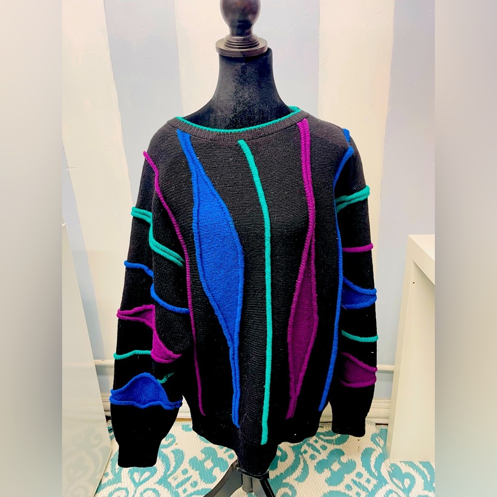 Vintage 80s Funky Pattern Batwing Wool Knit Jumper
